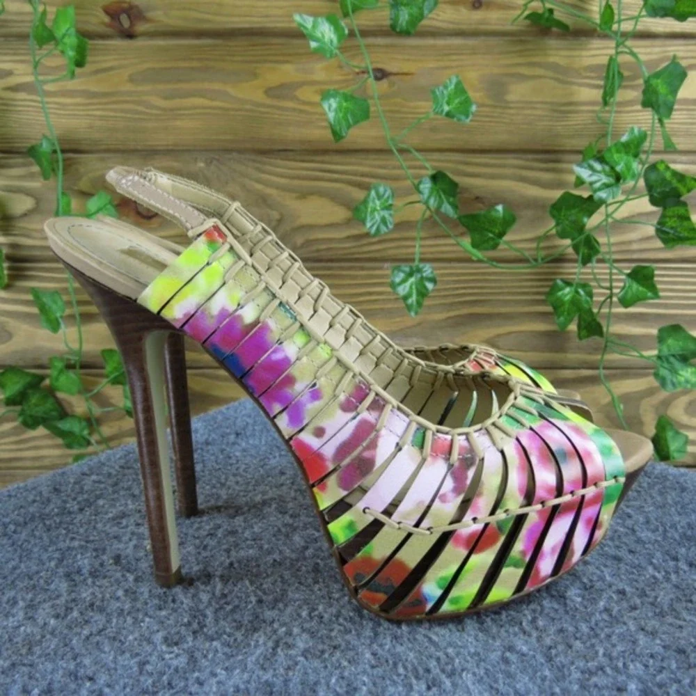 Report Signature Platform Heels Slingback Peep Toe Colorful Strappy Heels Sz 7.5